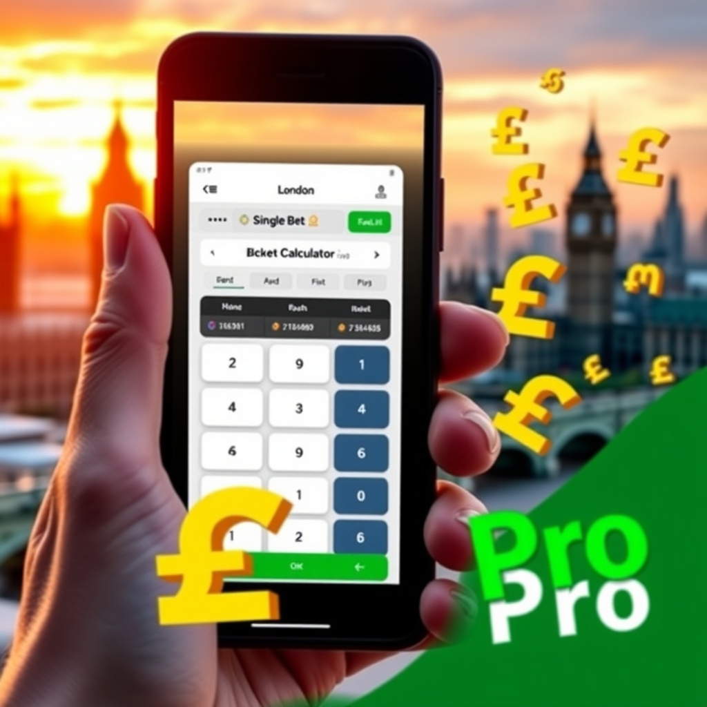 A hand holding a high-end smartphone displaying a professional Single Bet Calculator app with a clean white and green interface, background is the London skyline with the Big Ben and Westminster at sunset, 3D golden British Pound symbols (£) and green pro